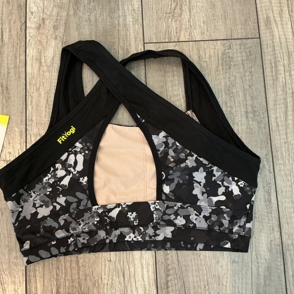 NWT FitYogi Sports Bra Medium Impact Cross Back Black Floral Print XL - Picture 5 of 6